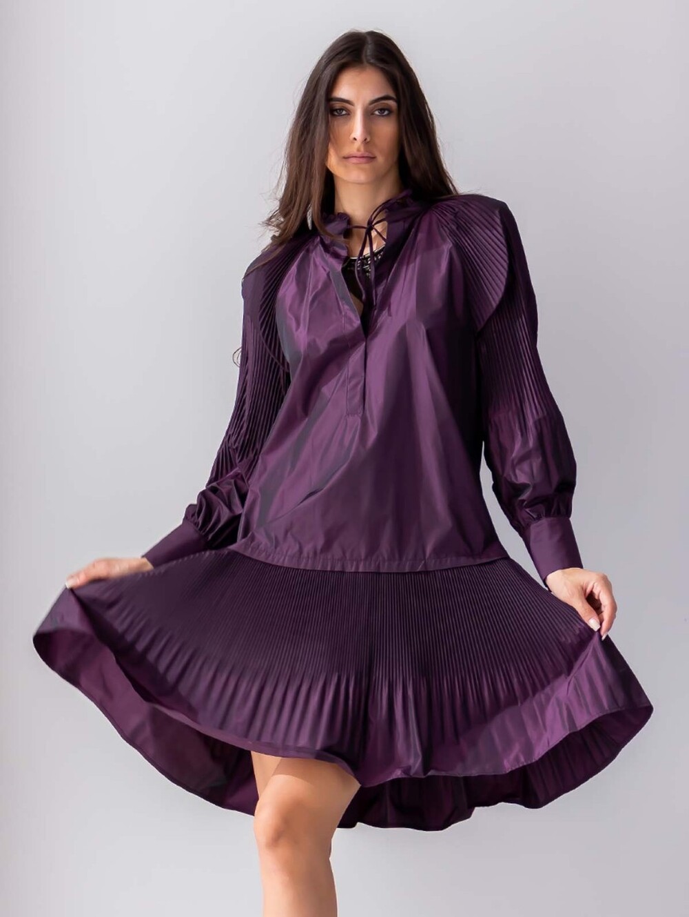 Beatrice B Frill Neck Pleated Hem Dress